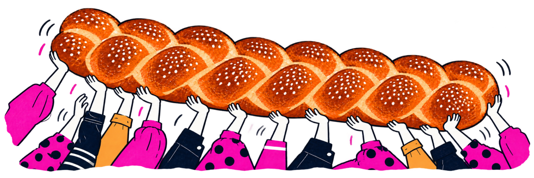Many hands lifting a long golden braided challah