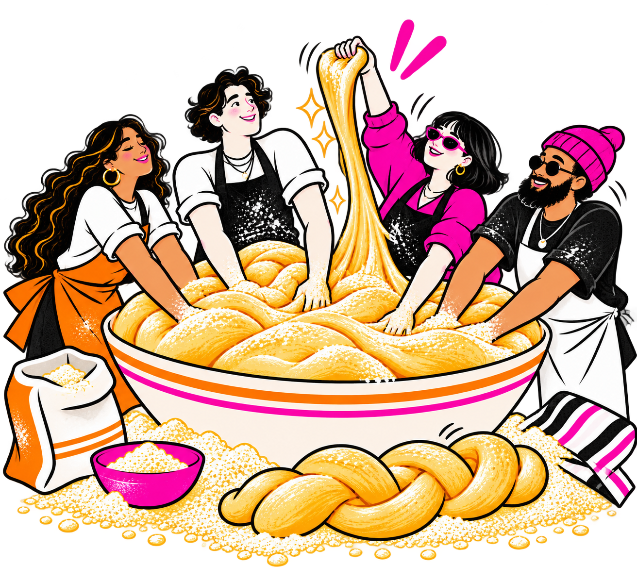 Friends kneading and braiding challah together